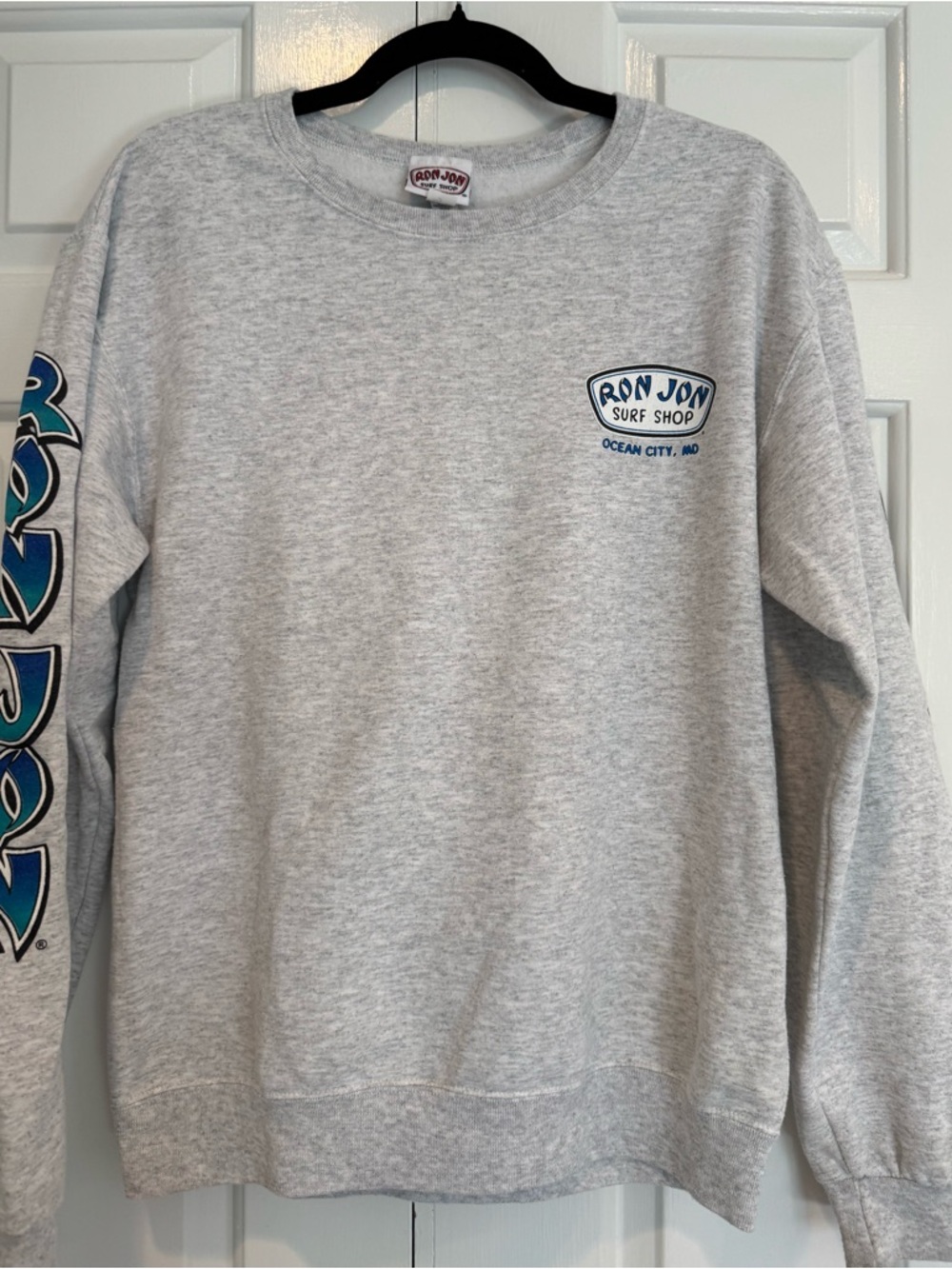 Ron Jon Gray Crewneck Sweatshirt with Blue Sleeve Graphics